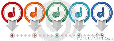 Bowling vector icon set, flat design infographic template, set pointer concept icons in 5 color options for webdesign and mobile Vector Illustration