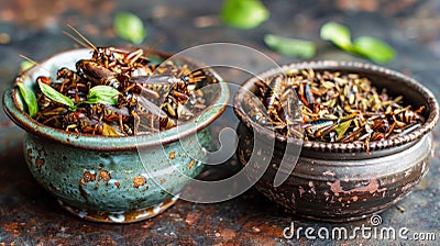Bowls of Assorted Cooked Insects. Two bowls filled with various cooked insects, garnished with greenery, serve as a Stock Photo