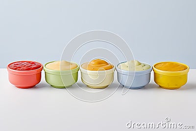 Bowls with baby food on grey background. Generative AI Stock Photo