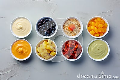 Bowls with baby food on grey background. Generative AI Stock Photo