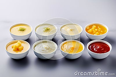 Bowls with baby food on grey background. Generative AI Stock Photo