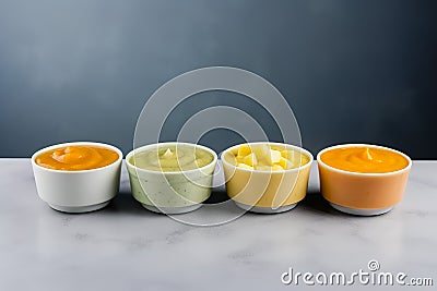 Bowls with baby food on grey background. Generative AI Stock Photo