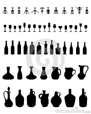 Bowls, bottles, glasses and corkscrew Stock Photo