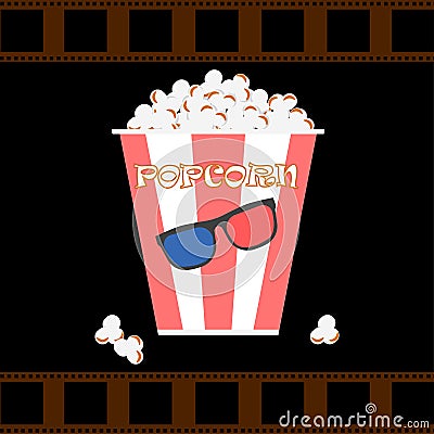 Bowls, box of popcorn with 3d glasses, filmstrip isolated on background. Movies, cinema theater, film concept. Vector flar design Vector Illustration