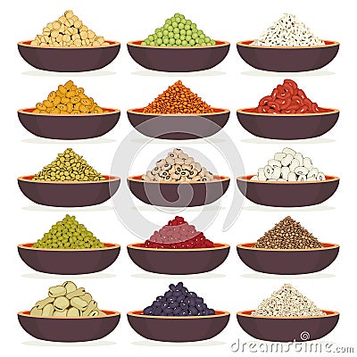 Bowls of cereals and legumes Vector Illustration