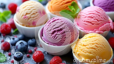 Bowls with colourful ice cream with mint, blueberry and raspberry Stock Photo