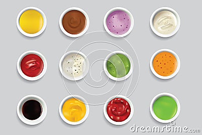 Bowls dip bowl sauces gravy dressing top view spicy food ingredient condiment delicious flavor seasoning spice vector Vector Illustration