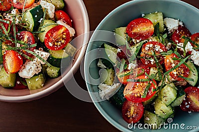 Bowls of Mediterranean Greek Salad Stock Photo