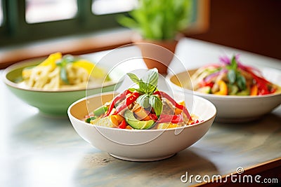 bowls of red, yellow, and green thai curry side by side Stock Photo