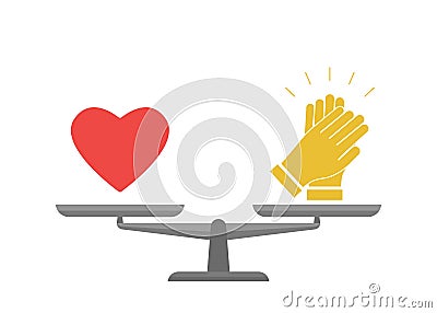 Bowls of scales in balance love and approved. Heart and applause sign in comparison. Libra measure value. Vector illustration Vector Illustration