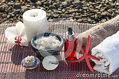 Bowls with sea salt, bottles with aromatic oil, candle, orchid f Stock Photo