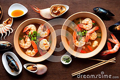 Bowls of seafood soup with mussels and delicate pink shrimp Stock Photo