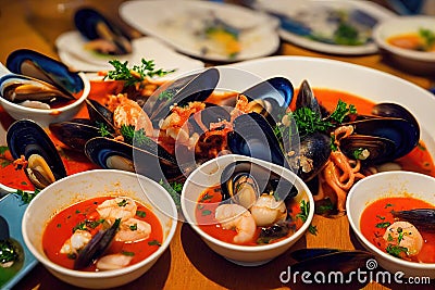 Bowls of seafood soup with mussels and delicate pink shrimp Stock Photo