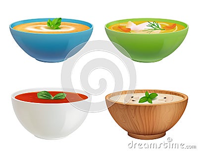 Bowls with soup. Gazpacho chicken puree soup with fish decent vector containers with liquid products Vector Illustration