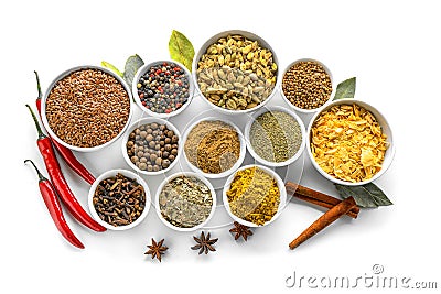 Bowls with various spices on white background Stock Photo