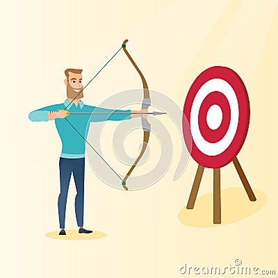 Bowman aiming with a bow and arrow at the target. Vector Illustration