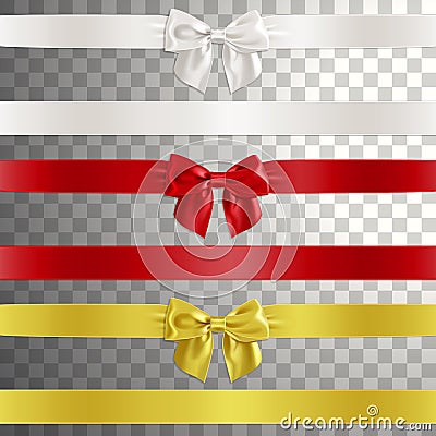 Bows Made of Satin Ribbon in White, Red and Gold Color Vector Illustration