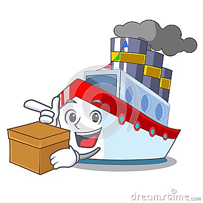 With box aerial in cartoon cargo ship view Vector Illustration