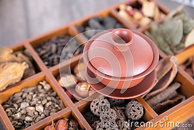 A box of all kinds of traditional Chinese medicine and decoction on the box Stock Photo