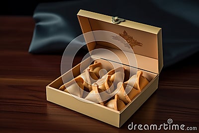 Box of American fortune cookies. Traditional treat with prediction, lucky numbers and phrases in Chinese Stock Photo