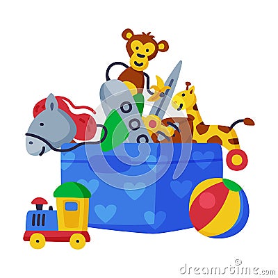 Box of Baby Toys, Stick Horse, Giraffe, Monkey, Train Cute Objects for Kids Development and Entertainment Cartoon Vector Vector Illustration