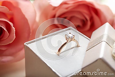 Box with beautiful engagement ring, closeup Stock Photo