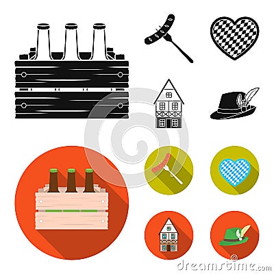 Box with beer, fried sausage, heart of the festival, bavarian cottage. Oktoberfest set collection icons in black, flat Vector Illustration