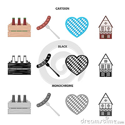 Box with beer, fried sausage, heart of the festival, bavarian cottage. Oktoberfest set collection icons in cartoon,black Vector Illustration