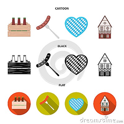 Box with beer, fried sausage, heart of the festival, bavarian cottage. Oktoberfest set collection icons in cartoon,black Vector Illustration