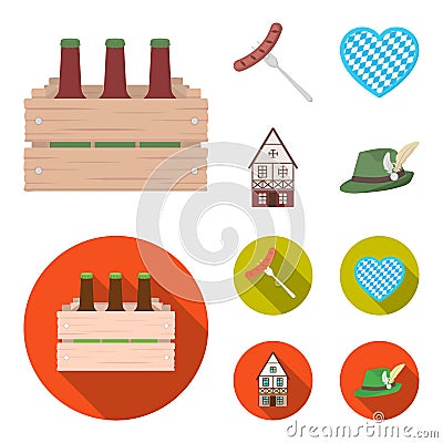 Box with beer, fried sausage, heart of the festival, bavarian cottage. Oktoberfest set collection icons in cartoon,flat Vector Illustration