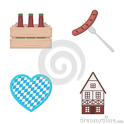 Box with beer, fried sausage, heart of the festival, bavarian cottage. Oktoberfest set collection icons in cartoon style Vector Illustration