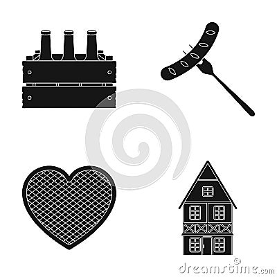 Box with beer, fried sausage, heart of the festival, Bavarian cottage. Oktoberfestset collection icons in black style Vector Illustration