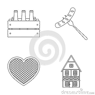 Box with beer, fried sausage, heart of the festival, Bavarian cottage. Oktoberfestset collection icons in monochrome Vector Illustration