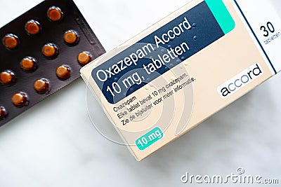 Delft, Holland - May 20, 2023: Box and blister pack of Oxazepam 10 mg tablets for disorders including anxiety, seizures, insomnia Editorial Stock Photo