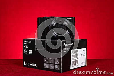 box of and the body of a brand new Panasonic Lumix DMC-LX10 camera Editorial Stock Photo