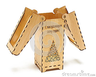 Box for a bottle of wood with a new year print on a white background Stock Photo