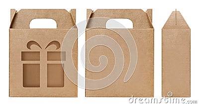 Box brown window shape cut out Packaging template, Empty kraft Box Cardboard isolated white background, Boxes Paper kraft natural Stock Photo