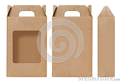 Box brown window shape cut out Packaging template, Empty kraft Box Cardboard isolated white background, Boxes Paper kraft natural Stock Photo
