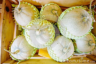 Box of cantalope melons at the farmers market Stock Photo