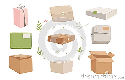 Box cardboard icons set cartoon vector. Carton delivery package Vector Illustration