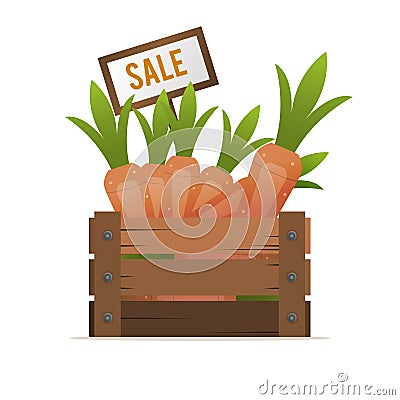 A box of carrots. Selling vegetables. Street food trade. Vector Vector Illustration