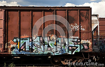 Box Cars from A Freight Train With Graffiti Editorial Stock Photo