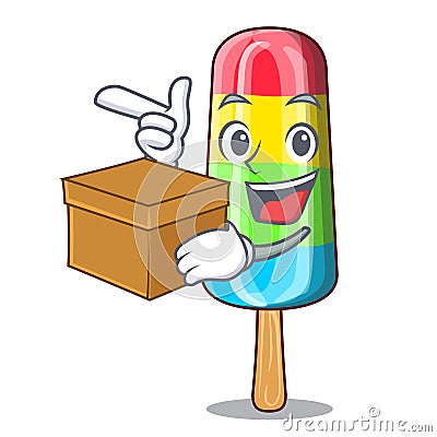 With box character beverage colorful ice cream stick Vector Illustration