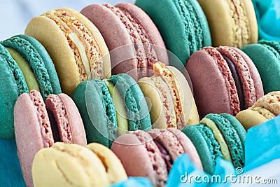 Box of colorful French Macarons Stock Photo