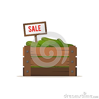 A box of cucumbers. Selling vegetables. Street food trade. Vector illustration, isolated on white background. Vector Illustration