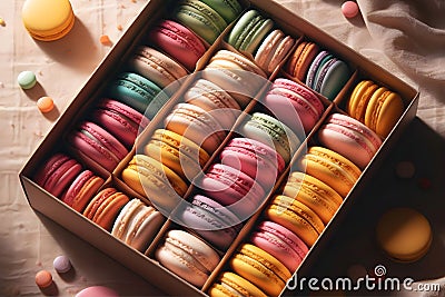 A box filled with exquisite French macarons, a delightful confectionery experience. Stock Photo