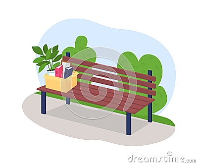 Box of fired employee in park bench 2D vector web banner, poster Vector Illustration