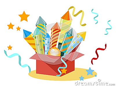 Box with fireworks, firecrackers. Set for the holiday. In minimalist style. Flat isometric vector Vector Illustration