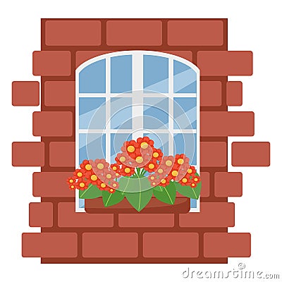 Box with flowers on the window, brick wall with white window, vector illustration in flat style, cartoon, isolated Vector Illustration