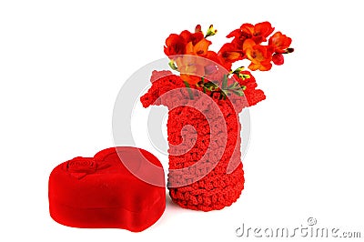 Box in the form of heart with jewelry, a vase of flowers. Isolated on white background. gift packing, spring Stock Photo
